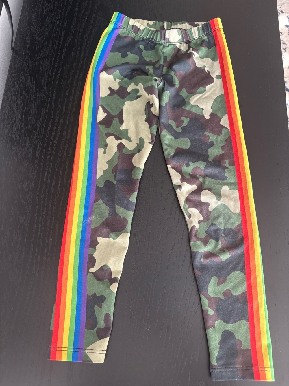 Kids Camo Leggings with Rainbow Side Stripes